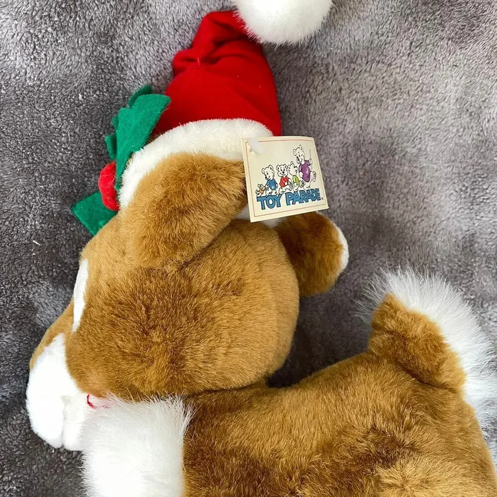 Vintage Reindeer Plush Christmas Stuffed Animal Wearing Santa Hat Toy TAGS